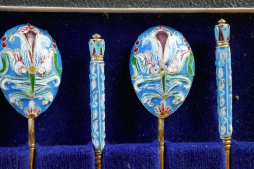 fig 2. A Good Set Of 6 Russian Imperial Silver Pale Blue Cloisonné Enamel Spoons 