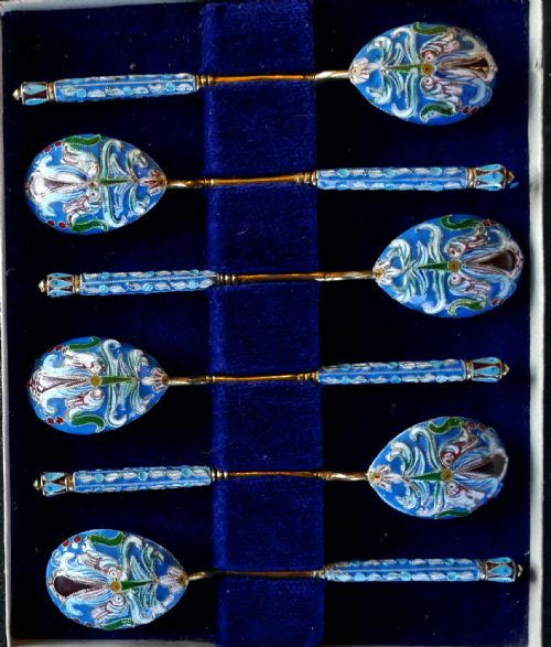 fig 3. A Good Set Of 6 Russian Imperial Silver Pale Blue Cloisonné Enamel Spoons 