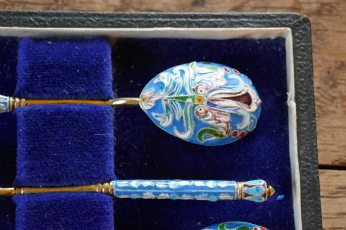 fig 4. A Good Set Of 6 Russian Imperial Silver Pale Blue Cloisonné Enamel Spoons 