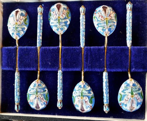 fig 5. A Good Set Of 6 Russian Imperial Silver Pale Blue Cloisonné Enamel Spoons 