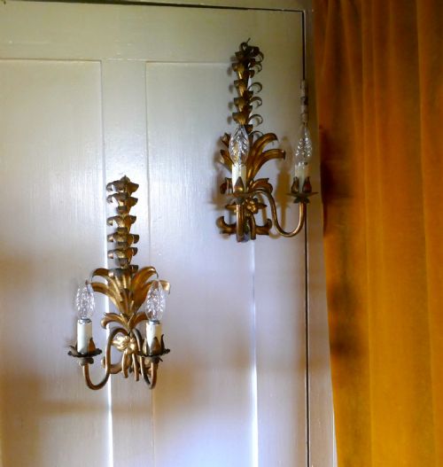 A Pair of French Two Branch Tole Ware Gilded Wall Lights