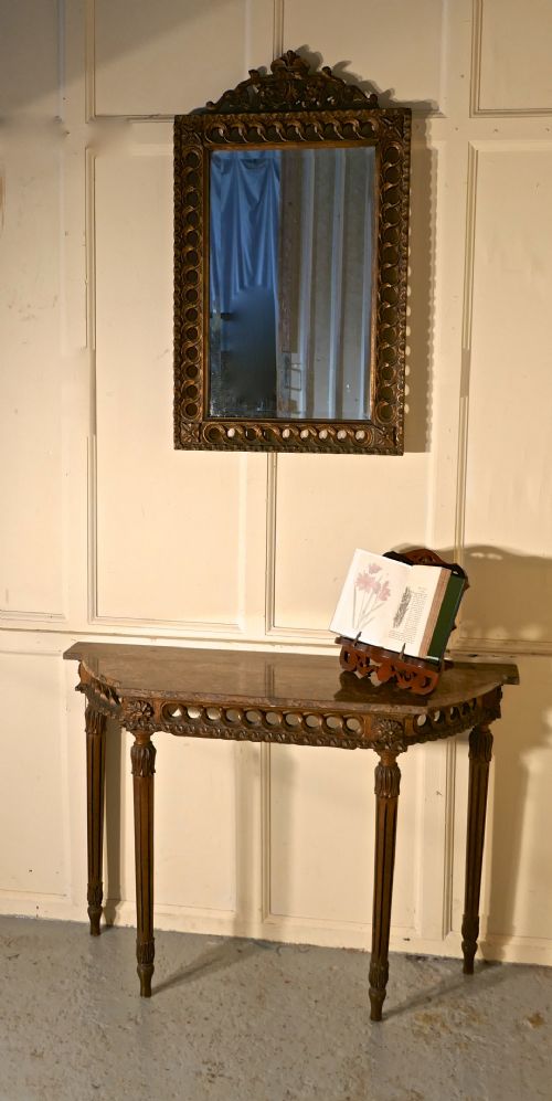 Charming, Carved French Gilt Console or Hall Table with Matching Mirror