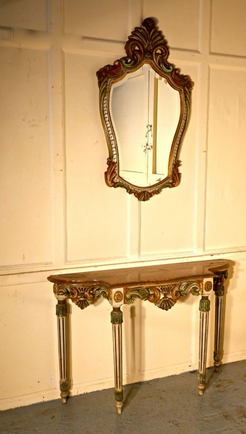 Carved and Painted French Louis Style Console or Hall Table with Matching Mirror