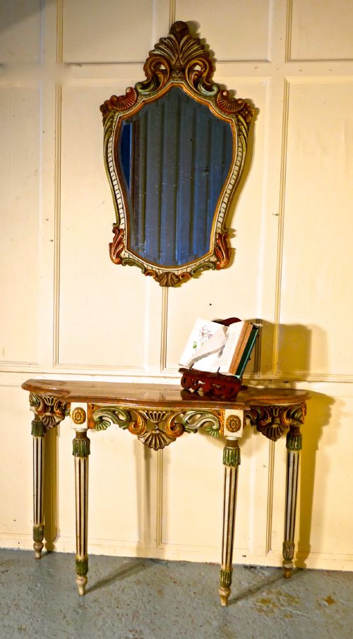 fig 1. Carved and Painted French Louis Style Console or Hall Table with matching Mirror