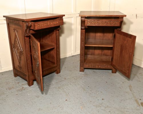 fig 1. Pair of Carved Gothic Golden Oak Bedside Cupboards  