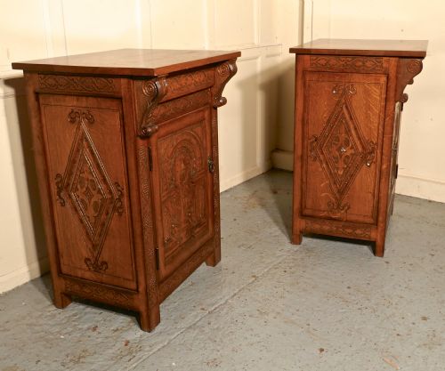 fig 2. Pair of Carved Gothic Golden Oak Bedside Cupboards  