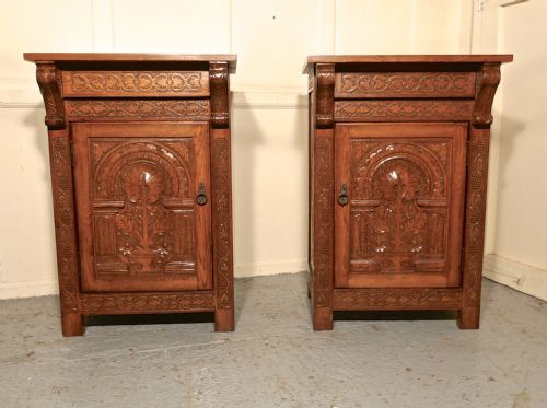 fig 3. Pair of Carved Gothic Golden Oak Bedside Cupboards  