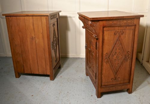 fig 4. Pair of Carved Gothic Golden Oak Bedside Cupboards  