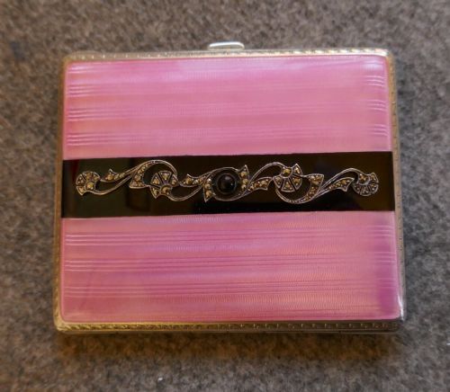 fig 1. French Silver and Pink Guilloche Enamel Art Deco Cigarette Case