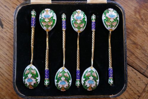 A Good Set of 6 Russian Imperial Silver Polychrome Cloisonné Enamel Spoons