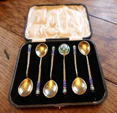 fig 4. A Good Set Of 6 Russian Imperial Silver Polychrome Cloisonné Enamel Spoons 