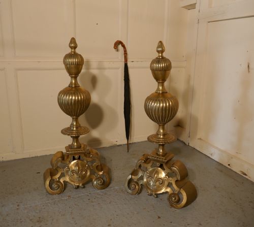 fig 2. Enormous and Heavy Pair of French Brass Andirons,Fire Dogs or Chenets