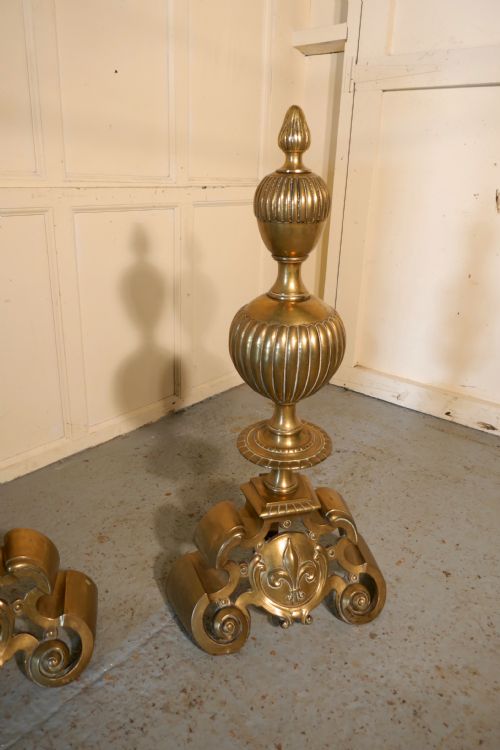 fig 3. Enormous and Heavy Pair of French Brass Andirons,Fire Dogs or Chenets