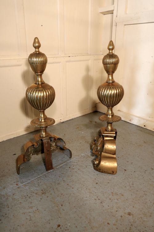 fig 4. Enormous and Heavy Pair of French Brass Andirons,Fire Dogs or Chenets