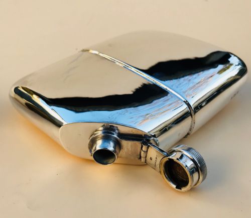 fig 1. Oversized Silver Hall Marked Hip Flask and Cup. Date 1919