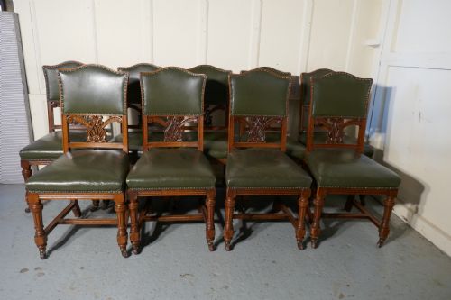 fig 1. Set of 11 Arts and Crafts Golden Oak and Leather Dining Chairs  