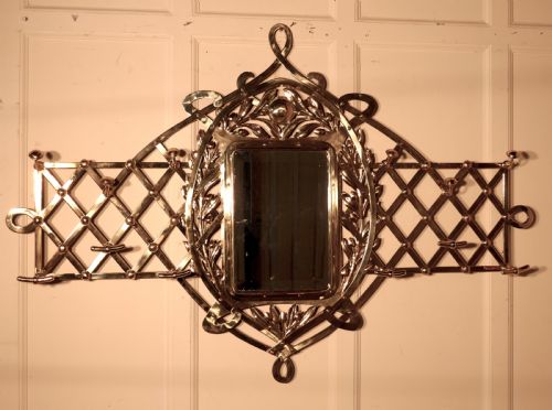 Large Arts and Crafts Brass Hall Mirror, Wall Hanging Coat and Hat Stand