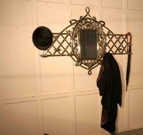 fig 1. Large Arts and Crafts Brass Hall Mirror, wall hanging Coat and Hat Stand