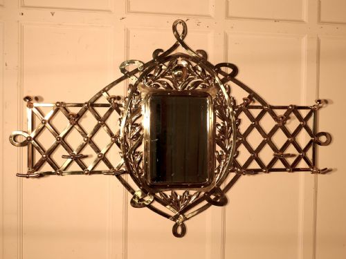 fig 3. Large Arts and Crafts Brass Hall Mirror, wall hanging Coat and Hat Stand