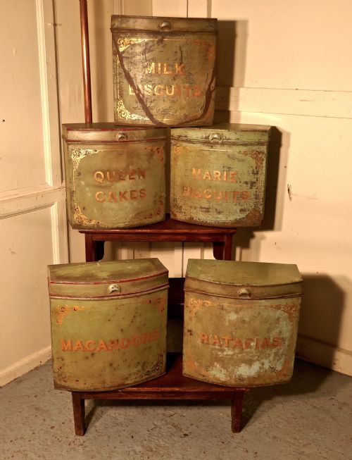 5 Large Victorian Baker’s Shop Tins, Toleware Biscuit Canisters