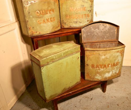 fig 2. 5 Large Victorian Baker’s Shop Tins, Toleware Biscuit Canisters