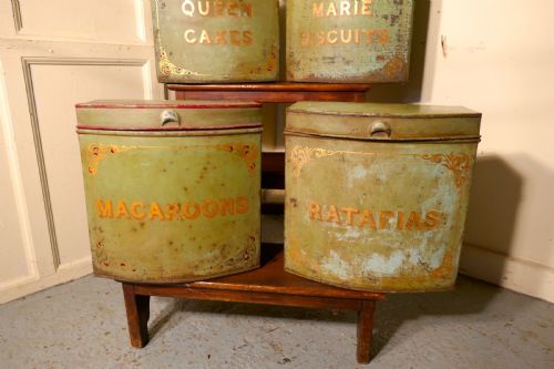 fig 3. 5 Large Victorian Baker’s Shop Tins, Toleware Biscuit Canisters