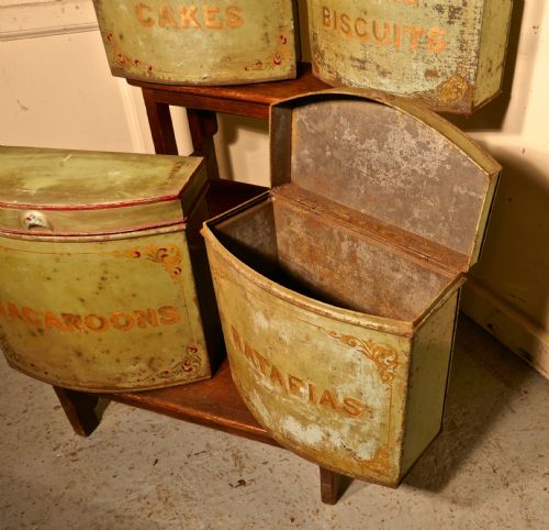 fig 4. 5 Large Victorian Baker’s Shop Tins, Toleware Biscuit Canisters