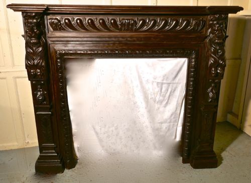 19th Century Gothic Lions Mask Carved Oak Fire Place