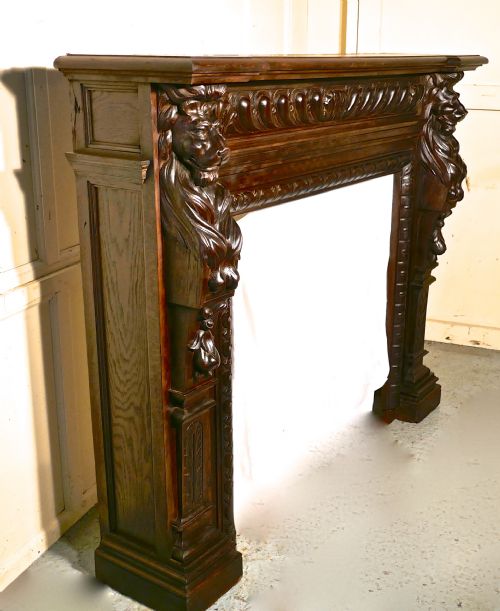 fig 1. 19th Century Gothic Lions Mask Carved Oak Fire Place