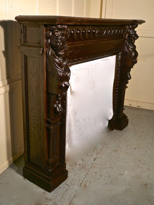 fig 2. 19th Century Gothic Lions Mask Carved Oak Fire Place