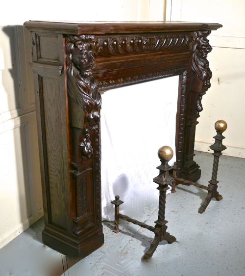 fig 4. 19th Century Gothic Lions Mask Carved Oak Fire Place