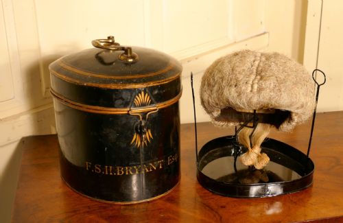 fig 2. English Barrister's Bench Wig in Original Tole Box with Riser by Ravenscroft Law