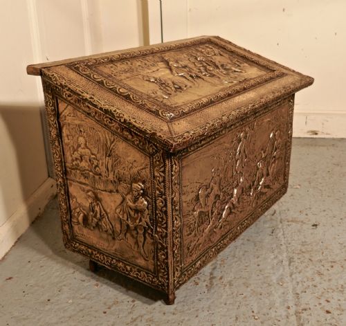 Large Embossed Brass Log Box, with Country Scenes
