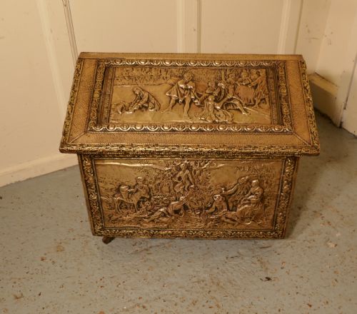 fig 1. Large Embossed Brass Log Box, with Country Scenes