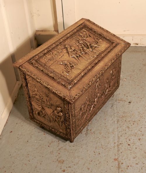 fig 3. Large Embossed Brass Log Box, with Country Scenes