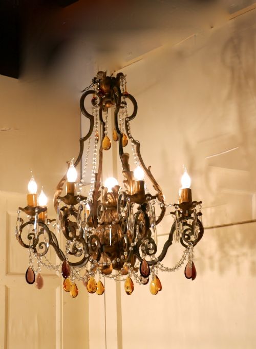 fig 2. Very Large French Wrought Iron & Gilt 8 Branch Chandelier