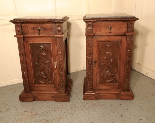 Pair of French Carved Gothic Golden Walnut Bedside Cupboards