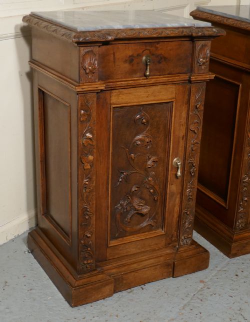 fig 1. Pair of French Carved Gothic Golden Walnut Bedside Cupboards