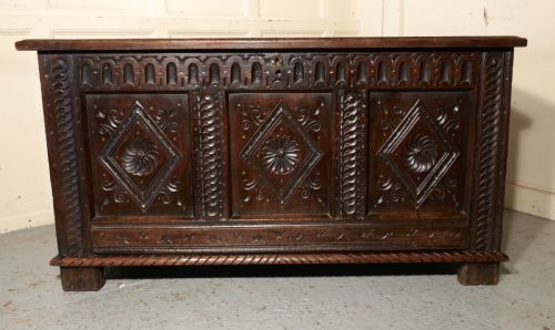 fig 1. A Large 17th Century Carved Oak Coffer