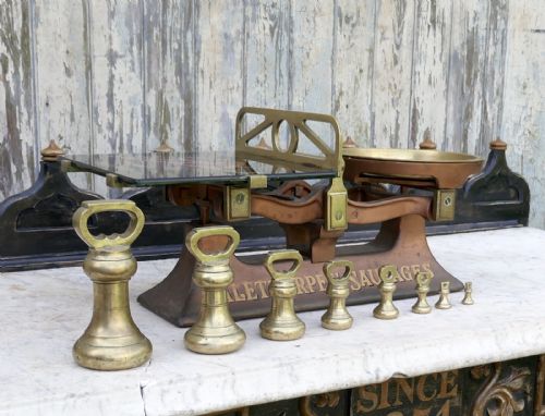 fig 1. Palethorpes’ Sausage Scales, Victorian Butchers Balance Scales, with Brass Bell Weights