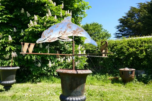 fig 1. Large Folk Art Cut Metal Old Blue Dolphin Weather Vane158