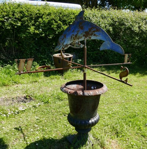 fig 3. Large Folk Art Cut Metal Old Blue Dolphin Weather Vane158