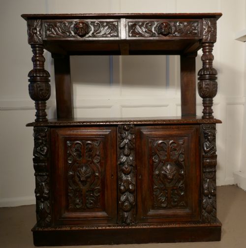 Small Gothic Carved Oak Green Man Buffet with Cupboard.