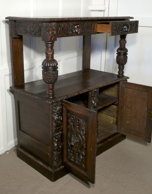 fig 1. Small Gothic Carved Oak Green Man Buffet with Cupboard.