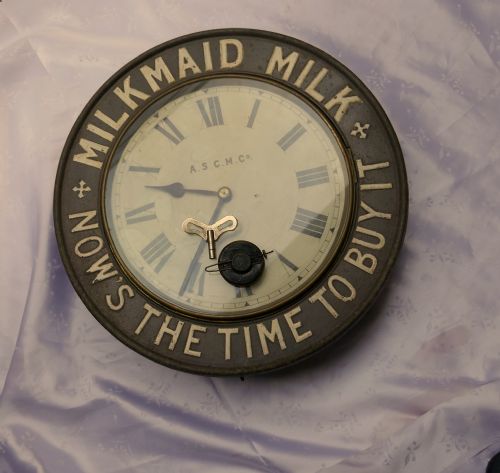 fig 2. Very Rare Original Mikmaid Milk Advertising Clock, from 1890 by the A.S.C.M Co