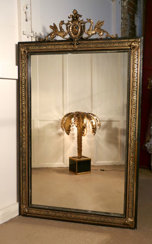Large French Ebonised, Brass and Gilt Wall Mirror, Dragons and Crest