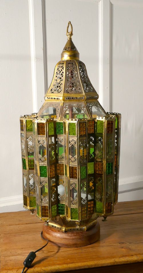 Tall North African Stained Glass and Brass Table Lantern