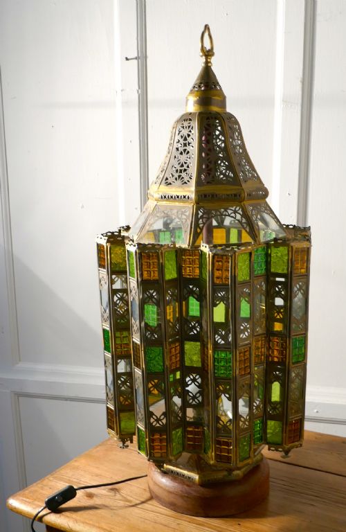 fig 1. Tall North African Stained Glass and Brass Table Lantern