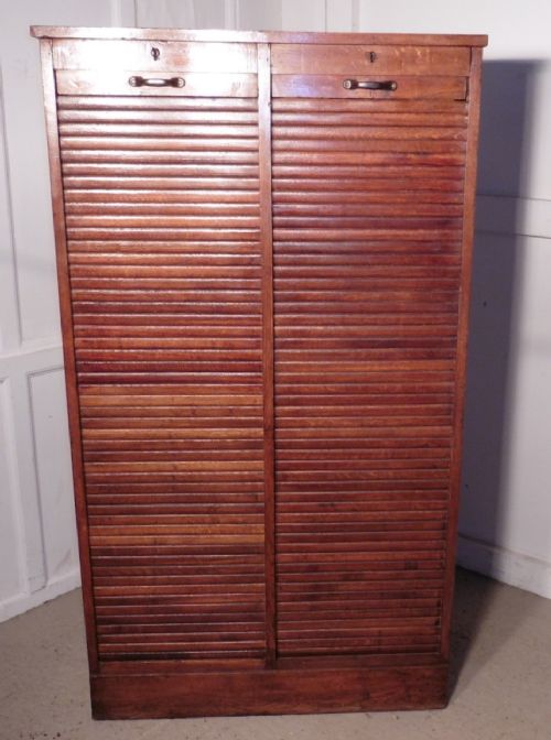 French Tambour Double Fronted Oak Art Deco Filing Cabinet