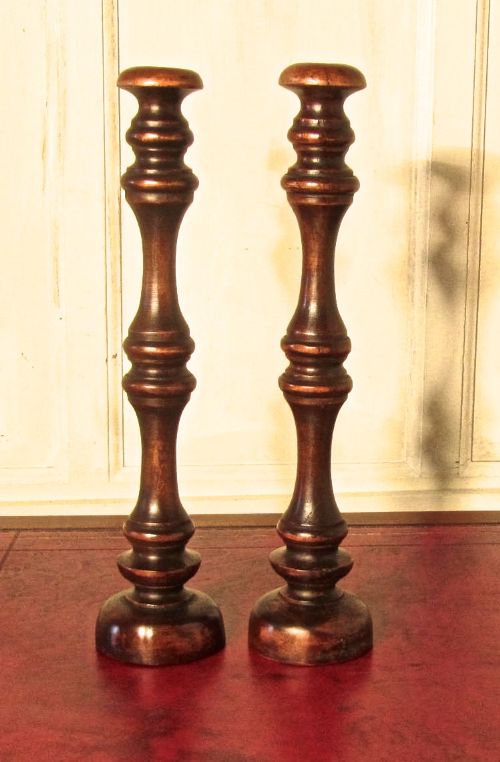 fig 2. A Pair of Tall Turned Wooden Wig Stands, shop display